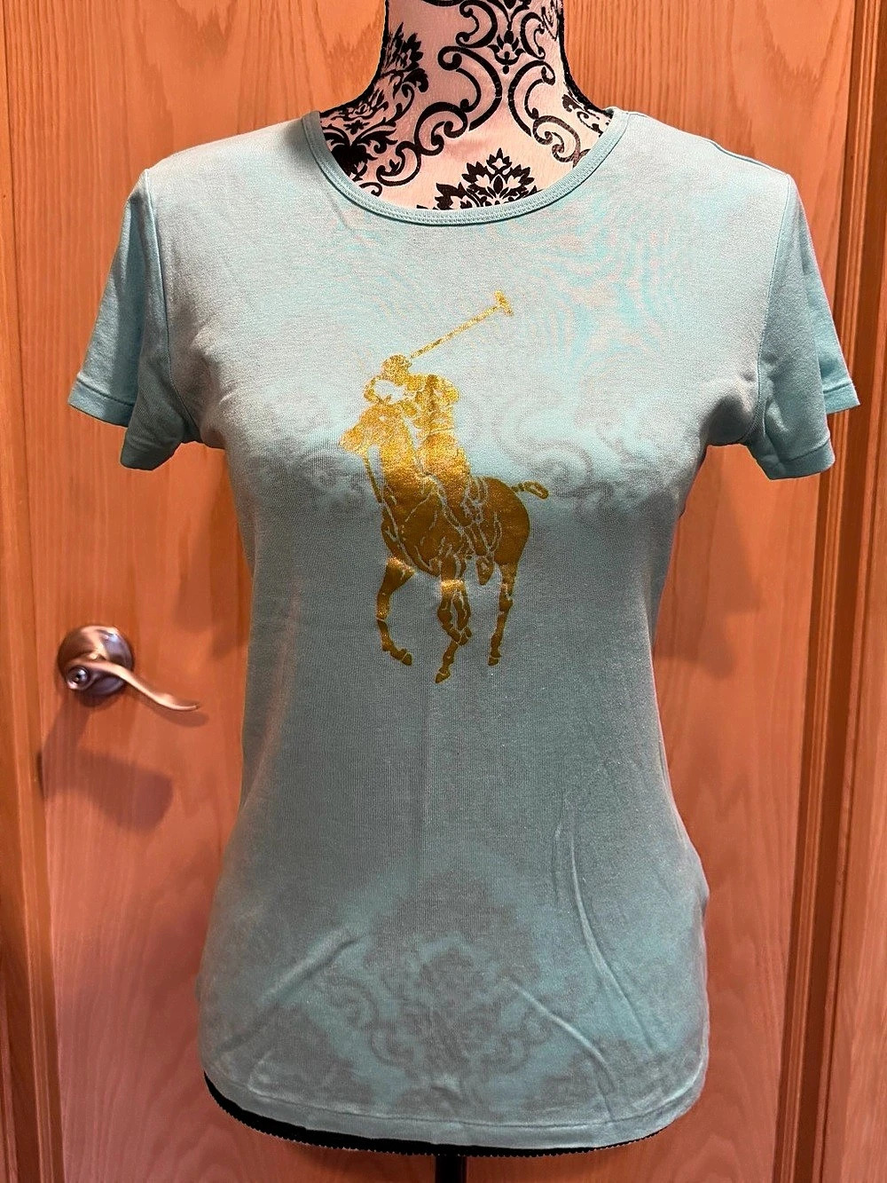 Lauren Ralph Lauren Polo Player Logo Aqua & Gold Short Sleeve Tee Size